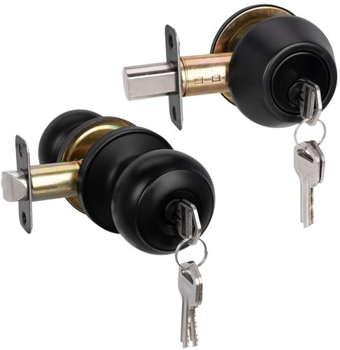 HOSOM Entry Door Knob and Single Cylinder Deadbolt Set, Door Knob with Lock and Key, Keyed Alike Exterior Door Lock Set for Entrance and Front Door, 1-Pack, Matte Black