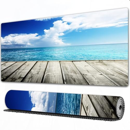EOMKSE Mauspad Verlängertes großes Mauspad Schreibtischauflage,genähte Kanten Mauspad,Gummibasis,Kunst, Bild eines karibischen Holzdecks mit bewölkter Landschaft im Tropendruc,Gaming-Mauspad,40x90 cm