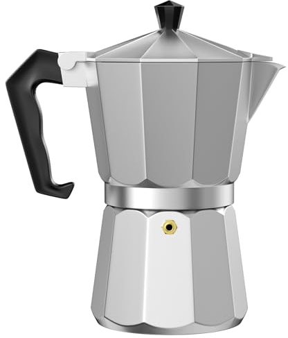 WinGluge Cafetera Italiana de Aluminio, Cafetera Moka, Cafetera de 6 Tazas, Cafetera Italiana Espresso, Mango Ergonómico, Válvula de Seguridad, Junta de Silicona, para Cocina, Oficina, Plateado