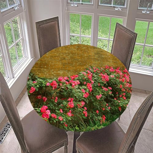 Morbuy Rund Tischdecke Elastisch, Blumenstrauß Drucken Lotuseffekt Tischdecke Rund Tischdecken Abwaschbar Gartentischdecke Indoor Outdoor Tischtuch (Backsteinmauer,Für Tisch 160-170 cm)