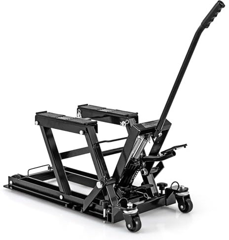 COSTWAY 680kg Hydraulic Motorcycle Lift, Motorbike Jack Lift Table with 3-Level Height Adjustable Platform & 4 Wheels, Foot-Operated Hoist Stand Motorcycle Repair Stand for Quad, ATV, UTV (Black)