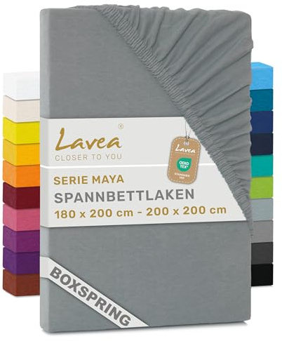 Lavea Jersey Spannbettlaken 180-200x200cm - 40cm Steg für Boxspringbetten - Mittelgrau, Weich & Atmungsaktiv - Premium Qualität, Pflegeleicht, Perfekte Passform - Ideal für Boxspringbetten