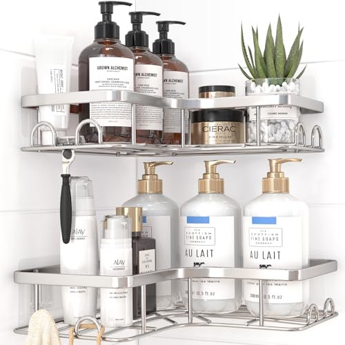 Kitsure Duschablage Ohne Bohren - 2 Stücke Rostfreies Duschgel Halterung Ohne Bohren Duschablage Ecke Mit 4 Haken Seifenschale Und Rasiererhalter, Langlebiges Duschregal Ohne, Silber