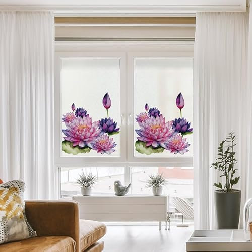 Film Opaque Fenetre Fleur De Lotus Poudre Violette Brise Vue Fenetre Stickers Fenetre Film Vitre Anti Regard Film Electrostatique Vitre pour Bureau Maison Film Opaque Vitrage 4Pcs (60x116 cm)