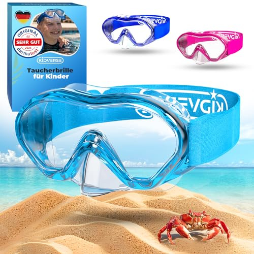 KIDVERSE Taucherbrille Kinder mit Nase - Dermatest geprüfte Kinder Taucherbrille mit Stoffband oder Silikonband - Tauchmaske ab 5 Jahre für Mädchen & Jungen - Bequeme Kindertaucherbrille