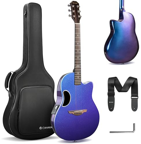 CAHAYA Carbon Fiber Electro-Acoustic Guitar – Kit with Bag and Strap Durable Pearl Blue-Purple Finish Built-In Pickup Rich Resonance & Warm Tone Lightweight for Travel & Performance Ready