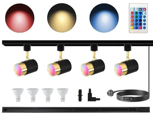 Bravsekai Kit nero di Illuminazione a Binario GU10 RGB, con 4 Lampadine a Cambio Colore, Rotaia H 1m e Telecomando IR, Plafoniera Stilosa a Soffitto Lusso e Moderno
