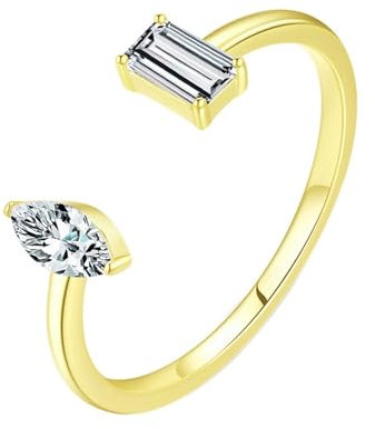 Tolldek Anello nuziale in oro 9 K/14 K, aperto, regolabile, Au375/585, con taglio rettangolare in moissanite, in vero oro, misura 47-62, Oro giallo 14 carati (585), Moissanite