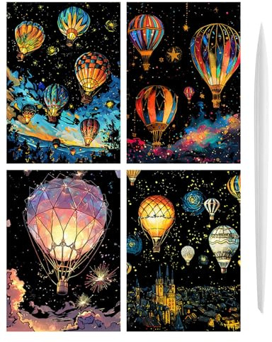 BARRU Kit de 4 pièces Scratch Art - Papier magique arc-en-ciel anti-rayures, design noctilucent, idéal pour les enfants et les adultes, cadeau créatif pour Noël et les anniversaires (montgolfière)