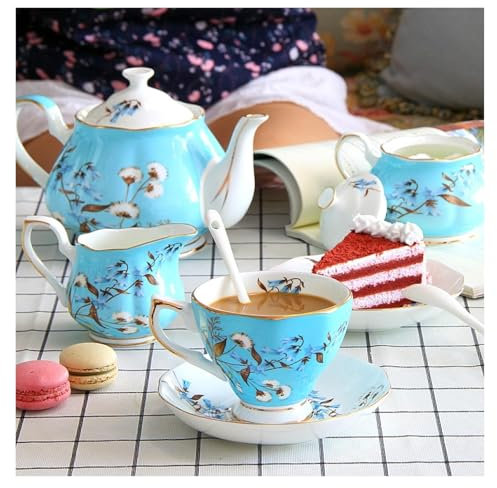 YTBHSHXZ Juegos de té， Juego de té de Porcelana de 15 Piezas, Juego de Taza y platillo de café, Servicio de café Azul Vintage, con azucarero y Jarra de Leche