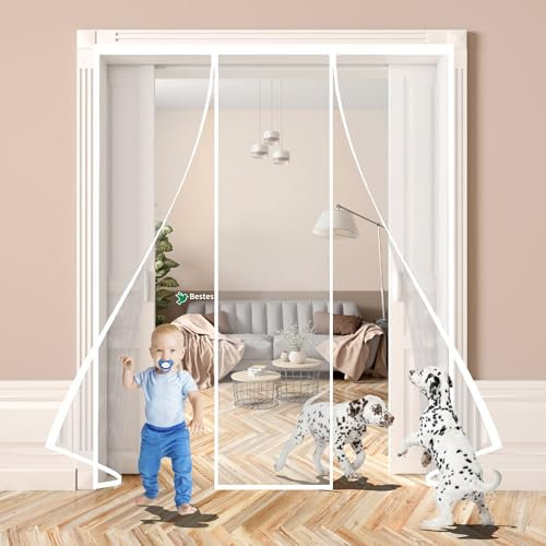 Magnet Fliegengitter tür, Doppeltür 140x230cm Insektenschutz Balkontür, Katzen Sicher, Stärkere Magneten, Breites Klettband Weiß