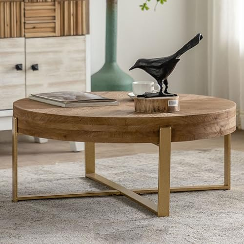 WEIDPHL Moderner Runder Couchtisch, Cocktailtisch Aus Industriellem Holz Mit Kreuzrahmen Aus Metall, Schlichter Designtisch Für Das Wohnzimmer Im Home Office,Gold