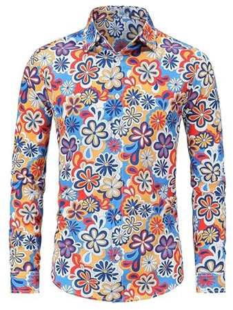RUMAOZIA Chemise colorée à manches longues pour homme, style hippie, années 70, 80, floral, business, arc-en-ciel, rétro, hawaïen, pour les loisirs, les fêtes, la rue, motif cachemire vintage