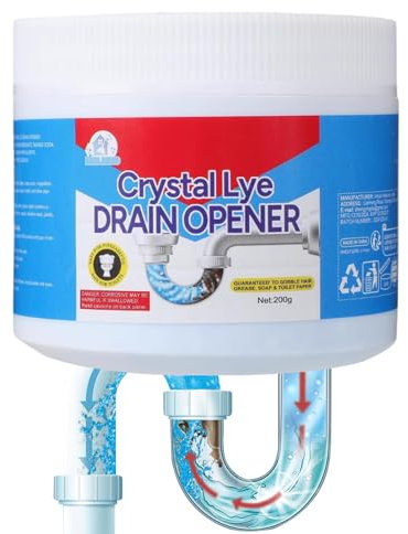 Crystal Lye - Abridor de drenaje de polvo reductor para lavabo, 200 g para desagües de desagüe, polvo potente ideal para lavabos, inodoros y desagües de ducha