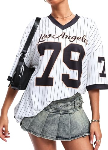 Navneet Oversize Shirt Damen Trikot Jersey Top Gestreift Football Sommer | Longshirt, Langes Tshirt, Kurzarm, Y2K, Festival, Baseball, Basketball, Going Out