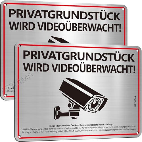 Privatgrundstück Videoüberwachung Schild Aluminium Gebürstet 20x15cm, 2 Stück Videoüberwacht Schilder mit DSGVO Hinweis, Selbstklebende Rückseite, 4 Bohrlöcher