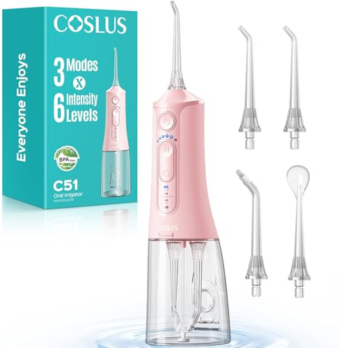 COSLUS Portable Water Flosser for Teeth: 3 Modes & 18 Pressure Settings with Jet Mode Water Dental Pick for Orthodontic, Braces, Sensitive Gums, Compact for Travel, 300ML for Multiple Users, Pink C51