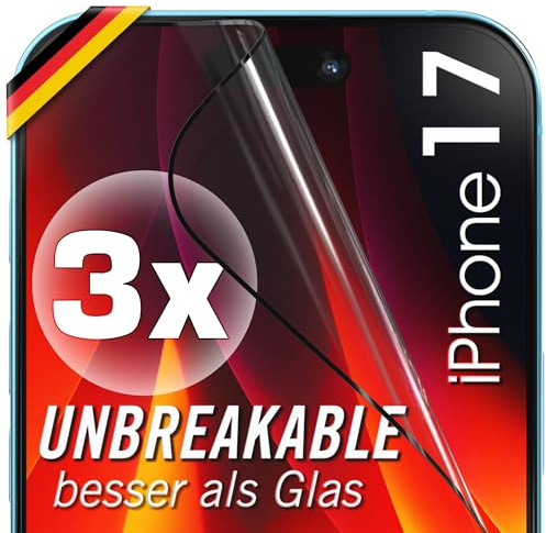 UTECTION 3x Schutzfolie für iPhone 17, Panzerglas-Alternative | kein Glas = kein Splittern, Full Screen Folie bruchsicher, für iPhone 17 6,3 Zoll, Hülle-kompatibel