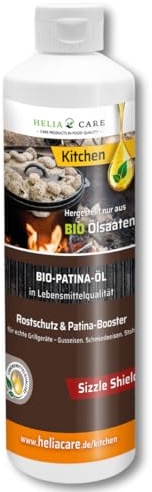 HeliaCARE BIO Einbrenn‑ & Patina Öl „Sizzle Shield“ - Nachhaltige Gussrost Pflege - Premium Dutch Oven Zubehör - Patinaöl für Smoker & BBQ - Grill Gusseisen Pflege aus Deutschland (500ml)