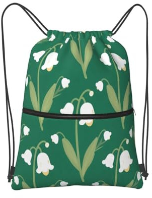 Niedliche Turnbeutel mit Kordelzug, stilvolle Tasche mit Reißverschluss vorne für den Urlaub, Niedliche Glocke, Blume, Grün, Einheitsgröße