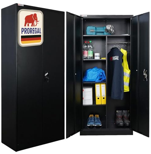 PROREGAL Flügeltürenschrank Elephant Metall Spind Schrank abschließbar 2 Türen 180x80x40cm Stahl 6 Fächern & Kleiderstange Stahlschrank Pulverbeschichtung Schwarz Garderobenschrank Aktenschrank