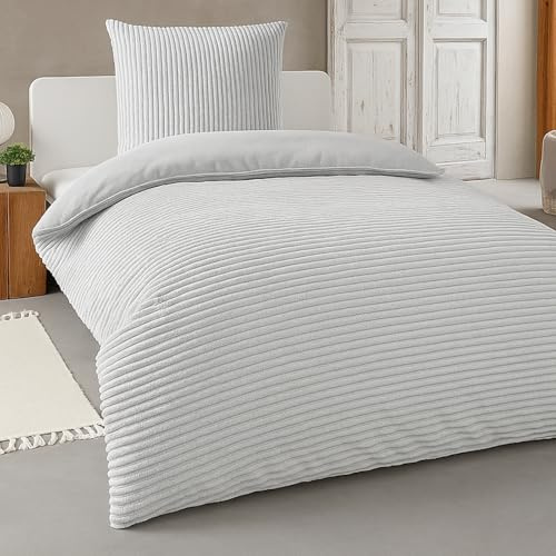 heimtexland Winter Bettwäsche Cord kuschelig weich warm Cashmere Touch Wende Bettbezug Set 80x80 I 155x220 Super Soft temperaturausgleichend atmungsaktiv Oeko-TEX Teddy Plüsch Kord Typ768 Silber