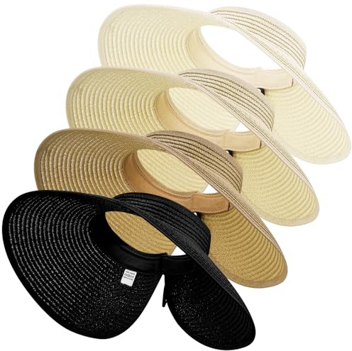 Zourglow 4 Sombrero de Paja Plegable para Mujer | Sombreros de Sol con Visera Ancha, para Playa, Vacaciones de Verano, Viajes y Actividades al Aire Libre