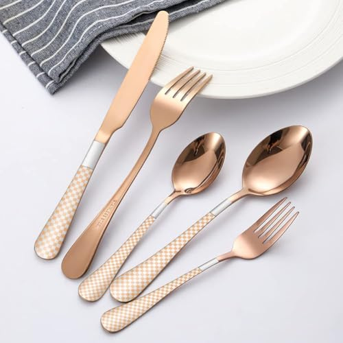 20 PIÈCES COUVERTS DE TABLE EN ACIER INOXYDABLE, LOT DE COUVERTS à MOTIF à CARREAUX, COUTEAUX, FOURCHETTES, CUILLÈRES, COUVERTS DE SALADE ET DE DESSERT, POUR MAISON, RESTAURANT, FÊTES