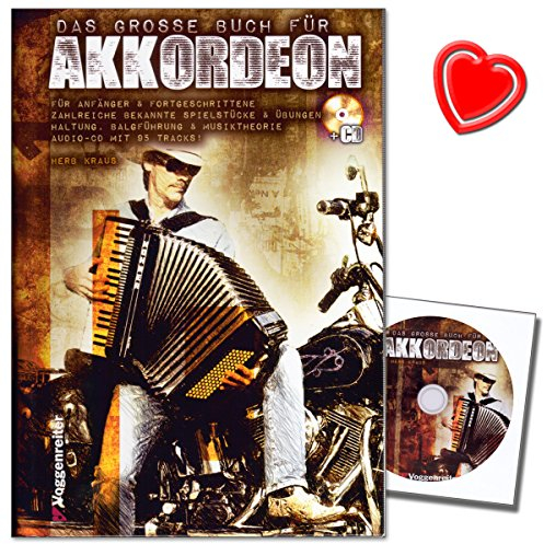Das große Buch für Akkordeon - Schule für Piano-Akkordeon von Herbert Kraus mit CD und bunter herzförmiger Notenklammer - leichten Weg zum perfekten Akkordeonspiel