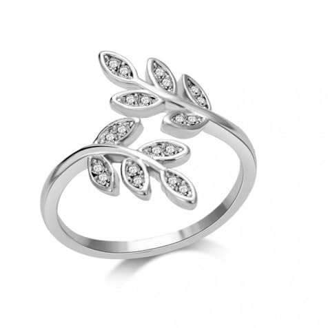 Philip Jones Silver Plated Adjustable Leaf Ring Created with Zircondia® Crystals
