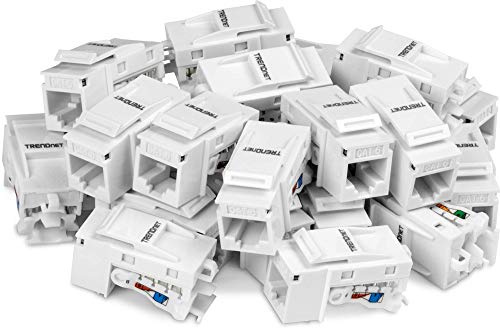TRENDnet, TC-K25C6, Cat6 Keystone-Buchse, 25er-Paket, 90°-Winkelanschluss, farbcodierte Beschriftung, vergoldete Kontakte, werkzeugloses Design, weiß