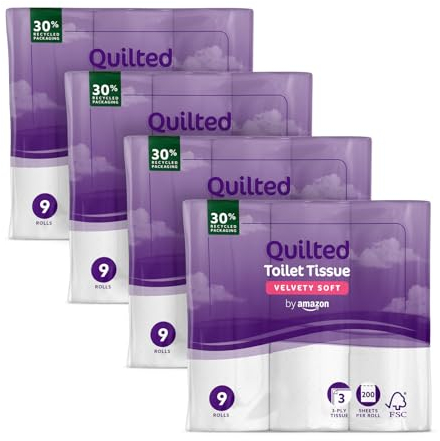 by Amazon Carta Igienica, 3 Veli Trapuntata, Morbida e Setosa, 36 Rotoli (4 Confezioni da 9), 200 Fogli per Rotolo, Certificata FSC