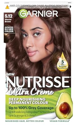 Garnier Nutrisse Ultra Crème Vegan Hair Dye, 5.12 Glacial Brown. Offers 100% grey coverage and cool, sophisticated 8-week colour. This no-ammonia, vegan formula cares for your hair while coloring.