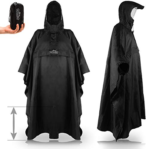 Outdoro Regenponcho - Einstellbare Länge - Mit Reißverschluss und Sichtfenster - Poncho Unisex für Damen & Herren, Erwachsene (Schwarz), einheitsgröße