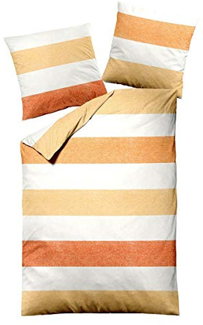 Traumschlaf Bettwäsche Biber Streifen orange kuschelig weiche Made in Germany Qualität aus 100% Baumwolle - mit Reißverschluss 155x200 cm + 80x80 cm