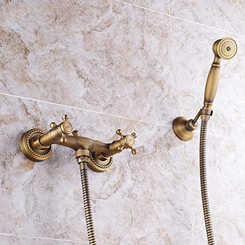 Rubinetto Vasca Bagno, Miscelatore Esterno Per Vasca/doccia 2 Manopole, Con Doccetta & Tubo Flessibile 1.5M & Supporto, Ottone Anticato, Supporto a Parete Per Vasca, Bronzo
