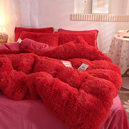 LGYKUMEG Bettbezug, Plüschbettwäsche, Winter Fluffy Warm Bettbezug Fleece Fleece Langes Haar Kunstpelz Set Mit Reißverschluss,Rot,220 * 240cm