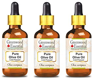 Greenwood Essential Olio d'oliva naturale (Olea europaea) con contagocce in vetro, spremuto a freddo, 100 ml x 3 (10 oz)