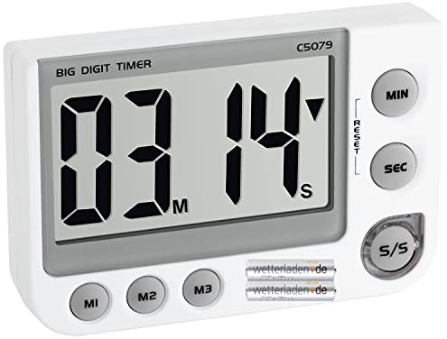 TFA Dostmann digitaler Timer und Stoppuhr, 38.2024, mit Memory Funktion, mit Magnet/Ständer/Aufhängeöse, 3 Lautstärken (Weiss mit Batterien)