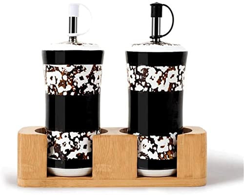 WMDSYGD Oil and Vinegar Dispenser 2pcs 300ml Olive Oil Vinegar Bottles with Stainless Steel Pourers, Ceramic Oil Bottle Kitchen Oil Container Sauce Cruet with Wooden Stand Cooking Oil Bottles