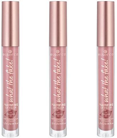essence what the fake! PLUMPING LIP FILLER, Lipgloss, Nr. 02, Nude, feuchtigkeitsspendend, mit Vitaminen, kühlend, glänzend, vegan, ohne Parfüm, ohne Alkohol, ohne Parabene, 3er Pack (3x4.2ml)