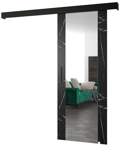 ABIKSMEBLE Salwador 2 Système de Porte Coulissante avec un Cache Rail et Miroir - Portes Coulissantes Murales Intérieures - Construction Solide - 90 x 204 cm - Marbre Noir