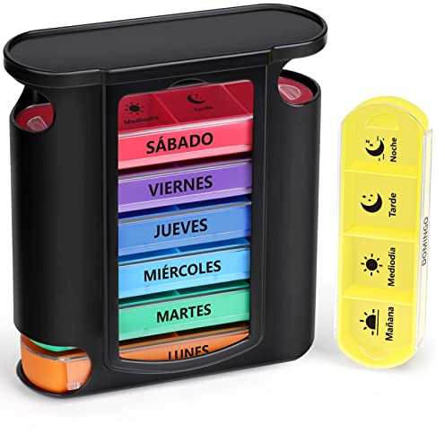 Opret Pastillero Semanal 4 Tomas Español, Pastillero Diario Grande 7 Dias, Dosificador de Comprimidos con 28 Compartimentos, Organizador de Pastillas para Viaje