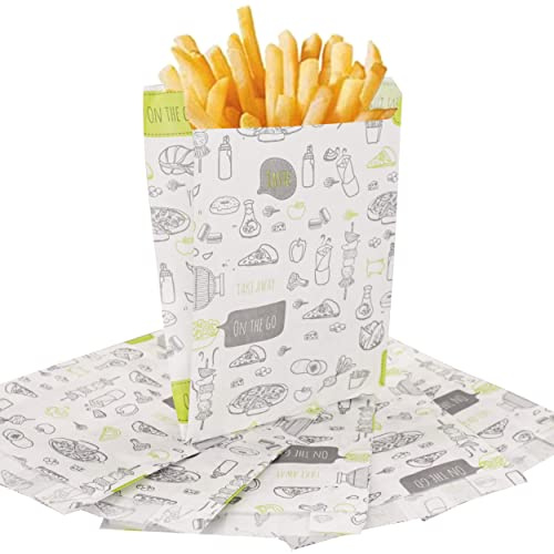 SKIR'CO 50 sacchetti di carta per imballaggi alimentari, 11 x 3 x 12 cm, nero e verde, usa e getta, in carta, resistenti al grasso, per uso alimentare