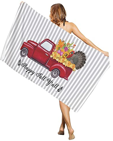 Mikrofaser Strandtuch 80x130cm, Thanksgiving Red Truck Mit Auf Grau Gestreiftem Hintergrund Camping Handtuch Weich Badetuch Groß Männer Duschtücher, Für Strand, Schwimmbad