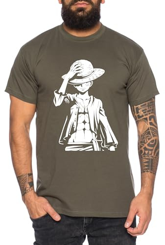 Ruffy Stand - Herren T-Shirt Straw Hat Luffy Zoro One Monkey D. Pirat Ace Piece Goku Anime Ruffy, Größe:XXL, Farbe:Khaki