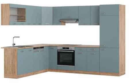 Vicco Eckküche R-Line, Blau-Grau/Goldkraft Eiche, 227 x 287 cm ohne Arbeitsplatte