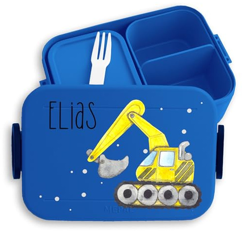 Kinder Bento Box Midi Lunchbox für Mepal Bentobox - Bagger Baustelle Baggerfahrer Baufahrzeug Baumaschine - 900 ml - Blau - brotdose name personalisierte brotdosen baustellenfahrzeuge brotzeitbox