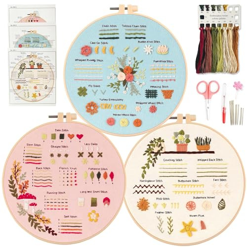 Myfelicity 3 Embroidery kit for Beginners, Embroidery Starter Kits to Learn 30 Different Stitches, Including Fabric with Prints, Threads, Needles, Hoop and Video tutorials