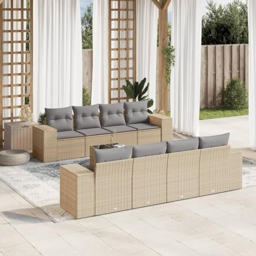 Rantry 9-TLG. Garten Sofagarnitur mit Kissen Gartensofa mit Stauraum Gartenlounge Gartenmöbel Loungesofa Rattansofa mit Gartentisch Ecksofa BalkonmöbelSitzgruppe Gartenset Beige Poly Rattan